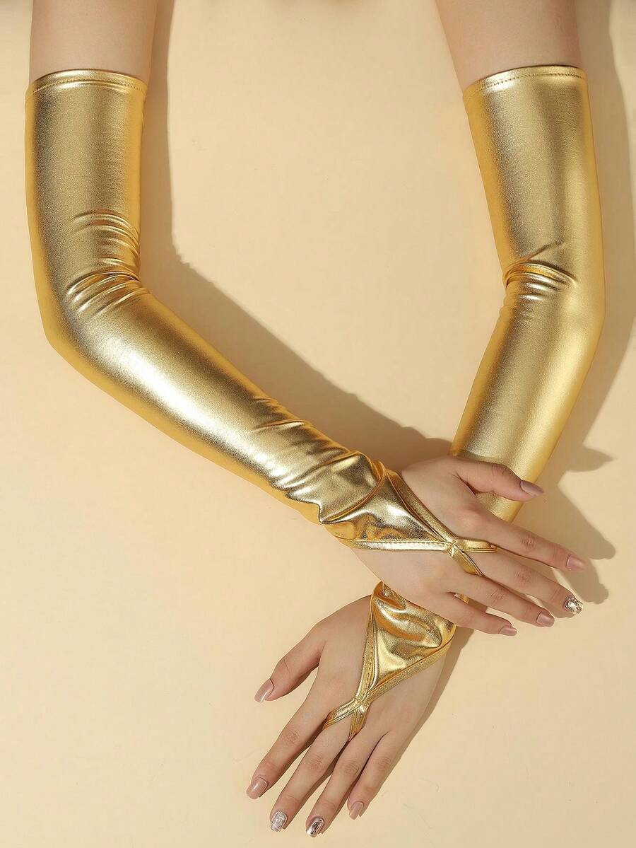 1 Pair PU Long Arm Sleeve Fingerless Gloves, Shiny Long Cuff Gloves For Party - Gold - View 1