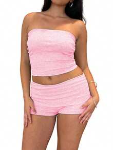Autumn Clothes Women's Workout Shorts Set Slim Fit Solid Color Strapless Tops And Mid Rise Shorts 2 Pcs Outfits - Rosa - Ver 7