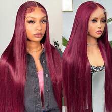 8-34 Inches Burgundy 99J Brazilian Long Straight Wigs 13x4 Lace Front Wig Wine Red Color Straight Wig Pre Plucked 200% Density Straight 13x4 HD Transparent Lace Frontal Glueless Wig Bralizian Virgin Hair Tiny Knots Natural Hairline With Baby Hair Halloween Wigs For Women