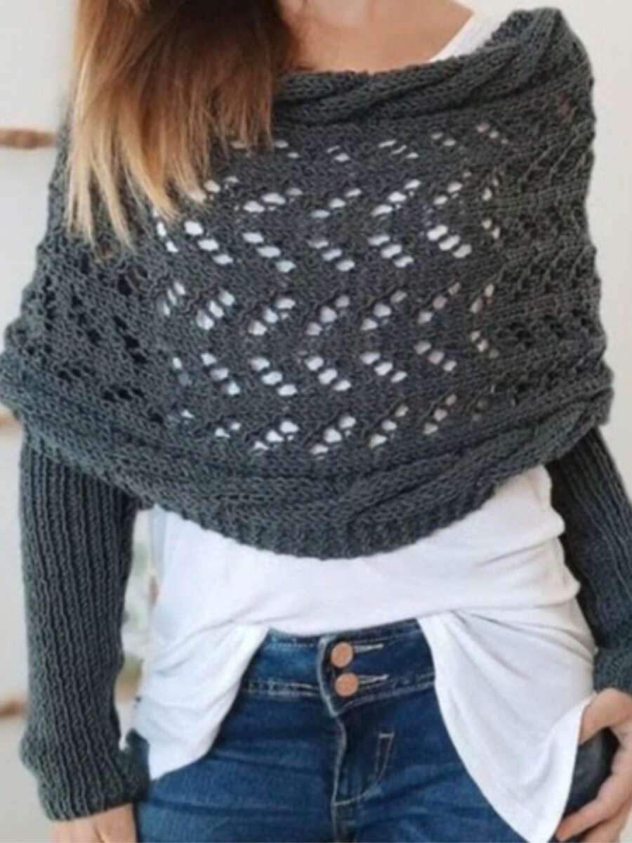 新款秋冬长款针织披肩围巾，镂空超长双袖披肩开衫，可搭配连衣裙 - 鏤空長披肩 - 查看 1