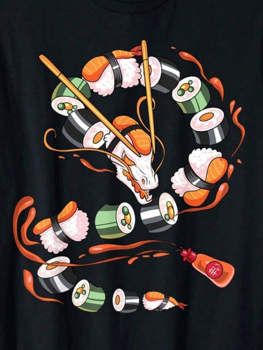 Camiseta de cuello redondo de manga corta para hombre con estampado retro de sushi de dragón, cocina japonesa, sushi lindo de dragón anime