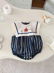 Infant Girls' Summer Outfit, Korean Style Sailor Collar Vertical Striped Bodysuit - Black - View 6