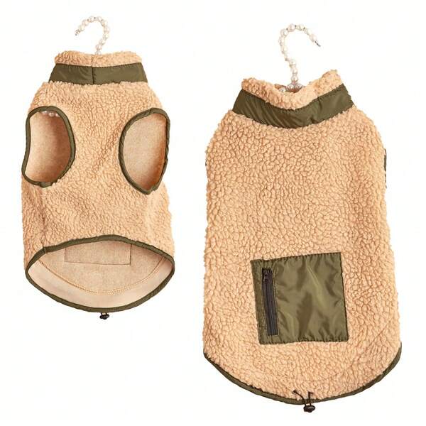 1 pezzo Gilet in pile di sherpa marrone con tasche verdi, adatto per gatti/cani di piccola taglia, Teddy, autunno/inverno