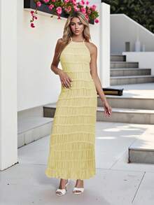 Women's Ruched Bodycon Long Dress Sleeveless Backless Solid Color Dress Cocktail Party Dress - Yellow - View 10
