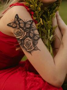 STARTTOOS 1 pieza Tatuaje temporal para el Body con diseño de flor misteriosa y mariposa de color negro para el pecho, la espalda o el brazo - Negro - Ver 5