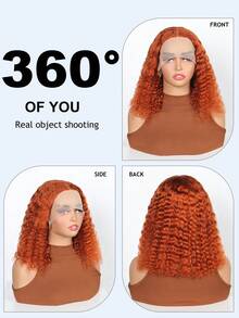 Parrucca corta, elegante e riccia a caschetto in veri capelli per donne, n. 350, densità 180, 13 x 4 x 1, parrucca con pizzo trasparente con onde profonde per uso quotidiano, pre-sfoltita, con riga centrale, parrucca in veri capelli con onde profonde e bagnate, colore rosso-marrone, per uso quotidiano, regalo di Natale, Ognissanti, cosplay, 25,4 cm
