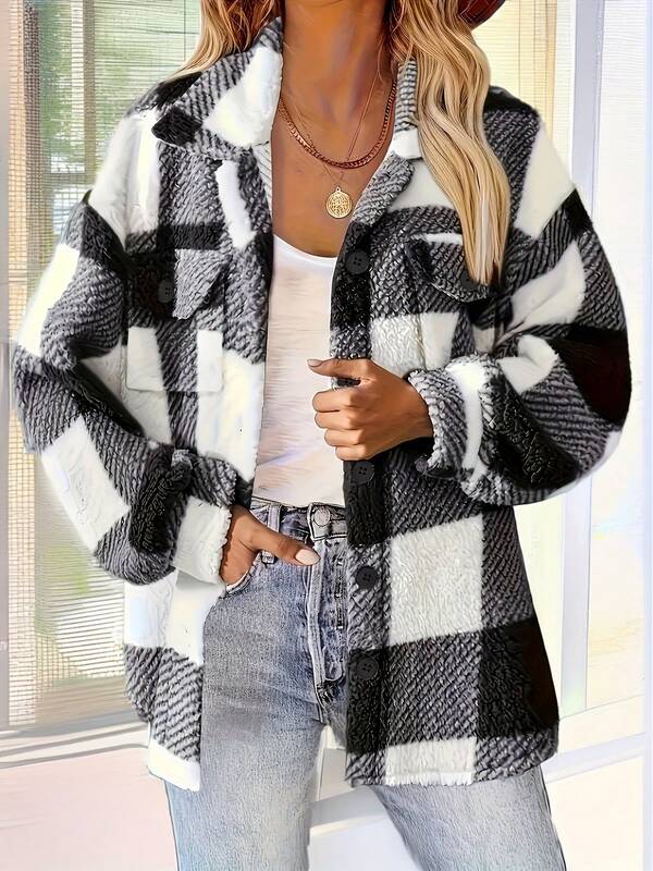Lady's Winter Fleece Button-Up Coat - Black And White Check Pattern - Front Pocket Design - Soft And Comfortable