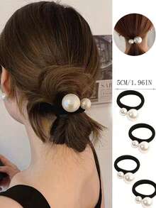 1 件女士黑珍珠发圈，时尚百搭韩国发饰，黑色厚弹性发带带蝴蝶结，适合日常佩戴（珍珠位置可能与实际商品不同）