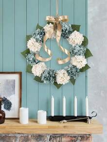Artificial Hydrangeas Wreath - 17.7in Autumn Floral Garland With Hydrangeas, Fall Foliage - Hanging Door Decoration For Front Door, Mantel, Table Centerpiece - Easy Hang Loop - Thanksgiving, Christmas, Home Decor - Year-Round Fall Decoration - 白色和藍色 - 查看 2