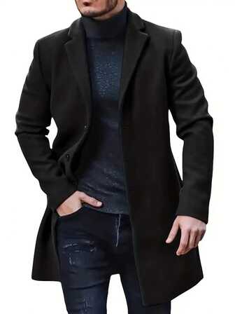 Men Lapel Neck Long Sleeve Trench Coat, Fall