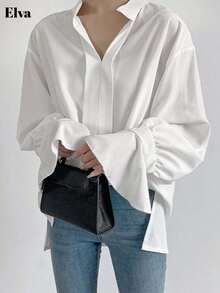 Elva Solid Color Chiffon V-Neck Long Sleeved Trumpet Sleeve White Loose Casual Daily Office Korean Version Fall Women Clothes Casual Outgoing Vacation Office Commuting Christmas Button Up Women's Shirt