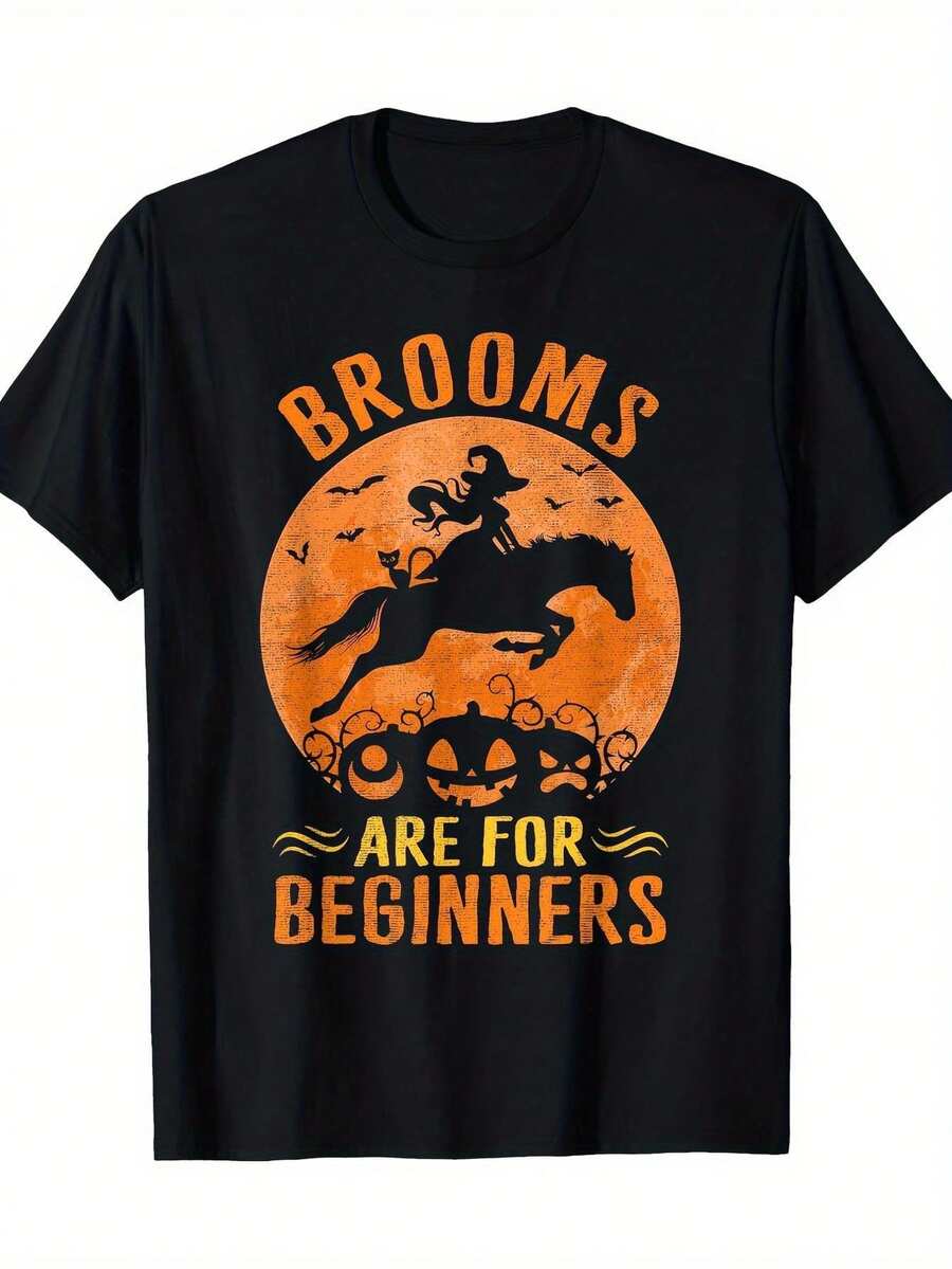 Men's Halloween Equestrian Witch & Brooms Are Beginners Graphic-Shirt -% Cotton Short Sleeve Crew Neck Tee With Orange/White Spooky Design, Washable Casual Shirt Halloween Parties & Casual Attire, Halloween Clothes, Durable Print Quality, Festive Apparel, Soft Fabric, Costume Enthusiasts - Default - View 1