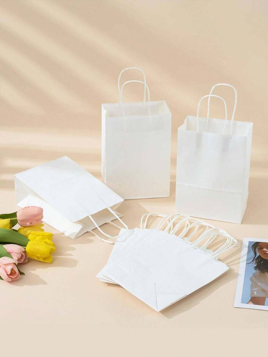 10 unidades de sacolas de presente multicoloridas com alças, sacolas de papel kraft para festas, adequadas para festas de Natal, casamentos, aniversários, comemorações, festas, faça você mesmo, 5 tamanhos - Branco - Ver 1