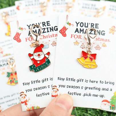 10pcs Christmas Series Inspirational, Featuring Santa Claus, Bells, Christmas Trees, Gingerbread Men, Reindeer, Snowflake Charms, And "Christmas Encouragement" Messages, Christmas Gifts For Friends, Including Encouraging "You're Amazing" Greeting Card & Keychain Set, Christmas Party Favor Gifts, Christmas Decor, Festive Season Gifts