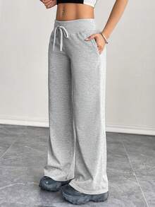 Women's Autumn Comfortable & Casual Solid-Knit Low-Rise Wide-Leg Long Sweatpants, Autumn & Winter Women's Pants - Grey - View 5