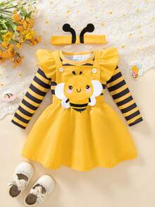 3pcs Baby Girls Outfit Set: Yellow & Black Striped Romper, Embroidered Bee Suspender Dress (With Ruffle Hem And Headband) - Multicolor - View 1