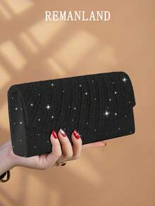 REMANLAND 1 geantă de mână elegantă, plisată, strălucitoare, pentru doamne, portofel de seară la modă și superb, geantă pătrată mică, tip plic, cu compartiment ascuns pentru carduri, geantă de umăr cu lanț metalic detașabil pentru petrecărețe, mireasă, cel mai bun cadou pentru festival.