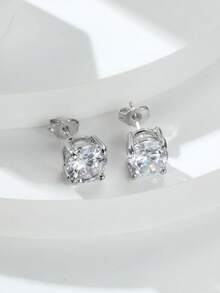 Vanel 簡約時尚四爪式圓形立方氧化鋯耳釘，極簡女士飾品（銅質耳針相對較軟，但彎曲的耳針可以拉直） - 銀色 - 查看 5