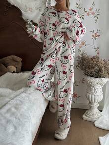 Sanrio 2pcs Women Plush Long Sleeve Top And Pants Set, Warm And Cozy For Autumn/Winter - White - View 8