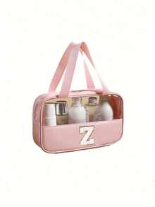 1 pièce Sac de maquillage organisateur en PVC transparent, design de lettre, sac de maquillage portable et imperméable, sac de toilette minimaliste avec patch initial, cadeau pour maman, sac de plage, accessoires de plage, serviette de plage, fournitures de plage, sac de vacances, indispensable pour les vacances d'hiver et d'automne, cadeau de la Saint-Valentin