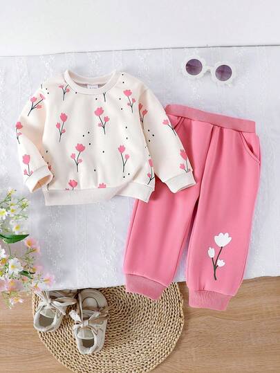 2 件套女婴可爱花卉印花长袖运动衫和保暖内衬慢跑裤套装，秋冬