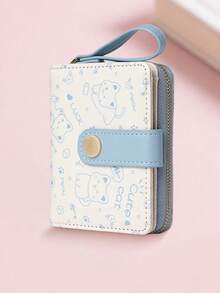 New Korean Style Folding Buckle Short Women's Wallet, Japanese Cute Cat Cartoon Integrated Card Holder, Student Bag, Zipper Coin Purse Wallet - màu xanh bột - Xem 5