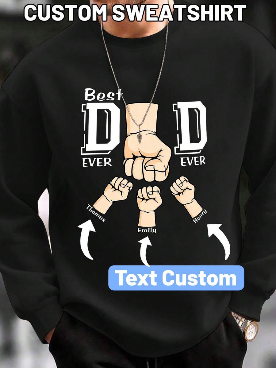 Customized Text Men Plus Casual Crew Neck Sweatshirt, Long Sleeve Top - Black - View 1