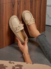 Women's Spring/Autumn New Collegiate Style Bow Decor Loafers, Non-Slip, Lightweight, Comfortable Soft Sole, Fashionable Mother Shoes - Khaki - View 3