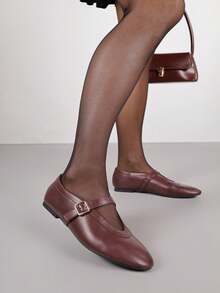 Bailarinas clásicas de estilo Mary Jane para mujer, zapatos de ballet de cuero suave para uso casual en el trabajo/oficina en otoño - Burdeos - Ver 2