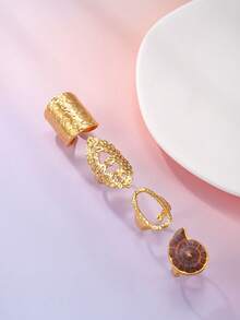 4pcs/Set Stainless Steel Gold Bohemian Style Geometric Shape, Brown Drip Oil Gold Conch Shell Women's Ring Set, Suitable For Beach Vacation Or Gift Collection - Yellow Gold - View 4
