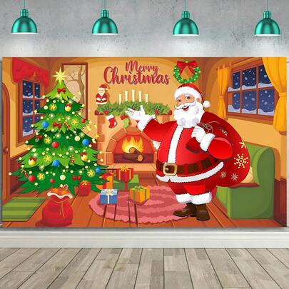 1pc Santa Claus Theme Background Banner, Includes Christmas Tree, Santa Claus Backdrop, Perfect For Christmas Party, Happy New Year, Baby Shower, Family Gathering, Photo Booth Props, Photography Studio Props And Indoor/Outdoor Party Decoration.