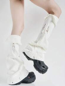 Harajuku Subculture Distressed Y2K Style High Value Babe Side Slit Cuff Knit Layered Sock Sheath Over Knee Long Length Lazy Street Design - 白色 - 查看 6