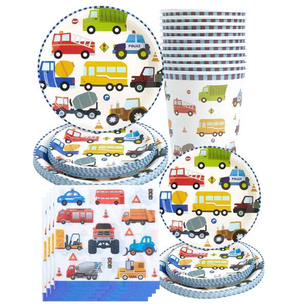 140/85/55/25/10 piezas Platos, Servilletas y Vasos Desechables con Tema de Automóvil, Suministros para Fiestas para 30 Invitados, Platos de Papel Desechables Vajilla para Fiestas Adecuada para Cumpleaños, Boda, Fiesta Familiar, Picnic