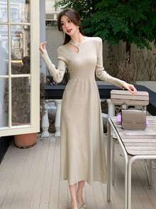 Autumn/Winter Korean Style Apricot Elegant Waist Cinched Cutout Shoulder Long Sleeve Women Sweater Dress