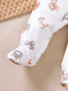 3件套新生儿婴儿连脚连体衣+围兜，可爱休闲小熊图案设计，秋冬季 - 彩色 - 查看 6