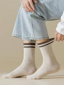 1/6 Pairs Men's Solid Striped Fleece Lined Comfortable Soft Casual Business Sports Mid-Calf Socks, Suitable For Daily Wear