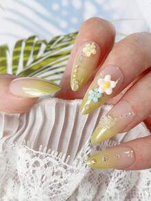 24片/盒 绿色渐变山茶花法式水滴美甲贴纸，包含1瓶果冻胶和1个指甲锉，适合女性和女孩使用。