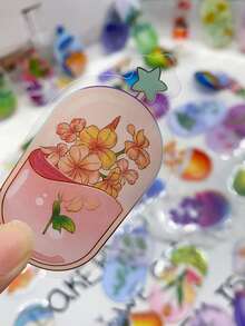50pcs/Set Cartoon Colorful Flowers Transparent PET Stickers, DIY Decorative Decals For Luggage Laptop Guitar Notebook Water Bottle Phone Stationery Sticker