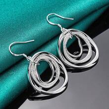 925 Silver Plated Smooth Matte Three Ring Earrings For Women Fashion Wedding Party Jewelry - Silver - View 2