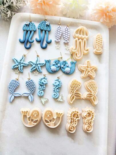 1/2/10 Khuôn cắt đất sét hình động vật biển đại dương dùng để làm đồ trang sức, Bộ dụng cụ làm khuyên tai hình sứa biển cá ngựa, Bộ dụng cụ làm khuyên tai trang sức cho kỳ nghỉ ở bãi biển, Khuôn thủ công bằng nhựa có độ chính xác cao để làm đồ trang sức DIY