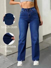 Pantalones vaqueros azules de tiro alto con corte de campana, elásticos y cómodos, versátiles para uso casual - Azul lavado medio - Ver 2