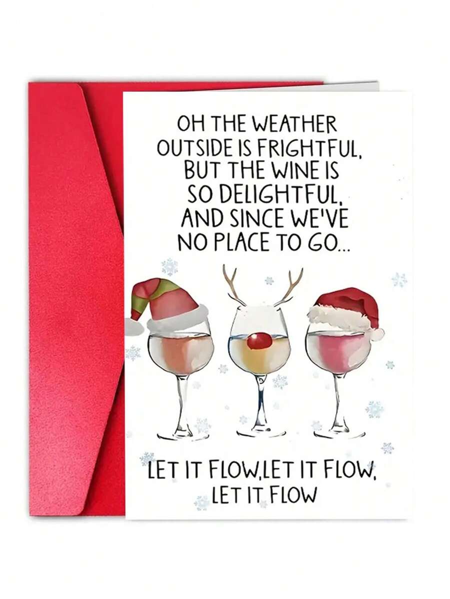 1Pc Funny Christmas Wine Cup Card - Santa Claus Hat Wine Cup, Let It Flow Funny Quotes, All In One Holiday Birthday Party Invitation Letter With Red Envelope - Adult Favorite Wine Gift, Humorous Greeting Card, Holiday Stationery, Fantastic Design, Color Illustration - Multicolor - View 1