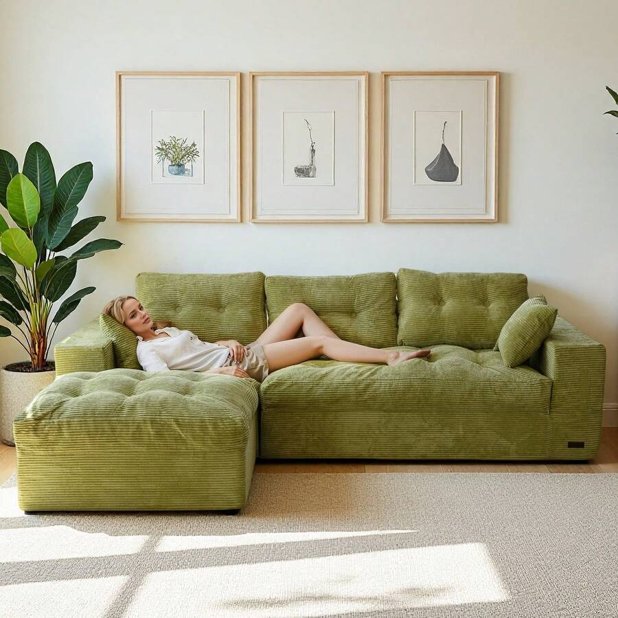 MAXYOYO L-Shaped Modular Sofa With Convertible Left/Right Ottoman,Cloud-Textured Tufted Cushions,Four Combinations,Sofa In A Box,No Assembly Required - Green - View 1