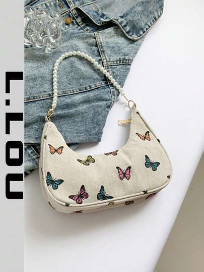 Bolso de hombro con cadena de perlas a la moda, bolso de mano en forma de media luna con estampado de mariposas colorido, elegante bolso bandolera, bolso pequeño de mano, bolso casual para exteriores, versátil bolso para ir a trabajar