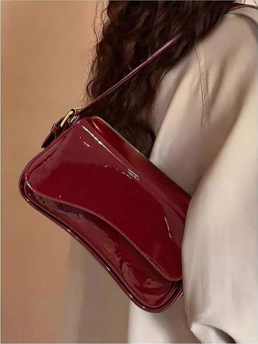 Senmeo Burgundy Minimalist Solid Color Women's Shoulder Bag, Flap Shoulder Bag, Baguette Bag, Handbag, Underarm Bag, Square Bag, 1pc PU Leather Texture Bag, Patent Leather Crocodile Grain PU Material Fashion Multifunctional Elegant Sexy Suitable For Handheld, Shoulder, Work, Business, Commute, Outdoor, Travel, Bag Size: 27*15*6cm - 黑色 - 查看 1