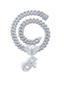 银色女士项链 A-Z 首字母个性化嘻哈经典蝴蝶字母吊坠链项链和手链套装饰物 26 个幸运字母，适合男女日常佩戴情人节时尚珠宝礼物，妈妈，母亲，母亲节，礼物 - 蝴蝶型 - 查看 66