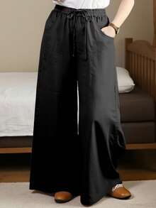 Women's Relaxed Wide Leg Cropped Pants With Pockets, Plus Size Cotton Linen Blend, Lightweight And Breathable, Loose Comfortable Fit, Multiple Color Options, Boho Inspired Style, Simple Versatile Design, Ideal For Everyday Wear, City Walks, Travel Vacations, Work Commute, Back To School Outfits, Casual Date Looks, And Valentine's Day Outfits - 黑色 - 查看 2