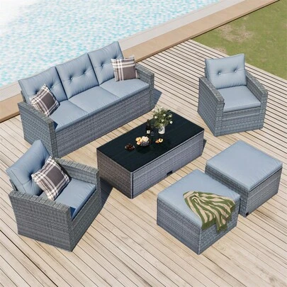 6 Piece Outdoor Patio Furniture Sets, All Weather PE Wicker Furniture Set, Patio Sectional Sofa Sets, Outdoor Conversation Set With Removable Cushions, Furniture Cover