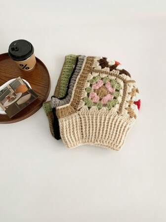 1pc Hand-Crocheted Floral Embroidered Knitted Balaclava Hat For Women, Warm Beanie Cap With Ear Protection, Autumn/Winter