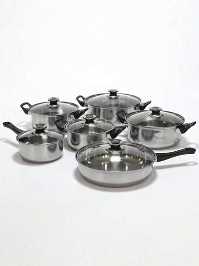 Juego de utensilios de cocina de acero inoxidable de 6 piezas, utensilios de cocina, mango negro, eficiente conductividad del calor, resistente y duradero, gran sensación en la mano, vaporera, wok, sartén y más.